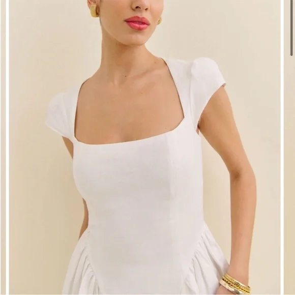 Reformation Oaklyn Linen Basque Waist Mini Dress white, SIZE 12 - Picture 4 of 8
